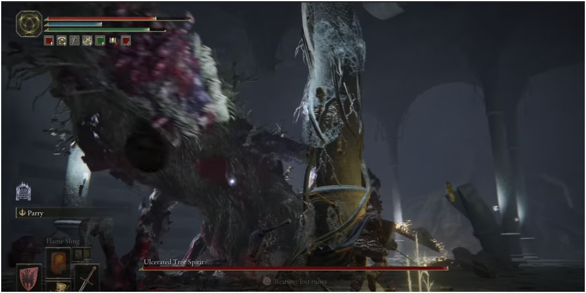 Elden Ring Ulcerated Tree Spirit boss at Giants' Mountaintops Catacombs