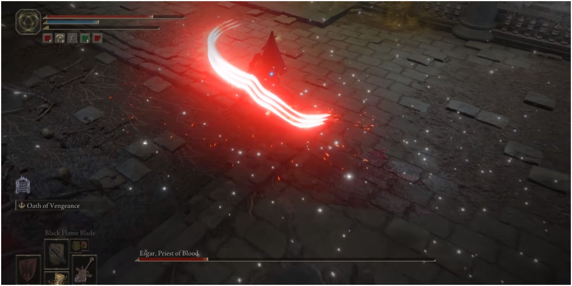 The boss doing a Bloodflame claw animation on the player.