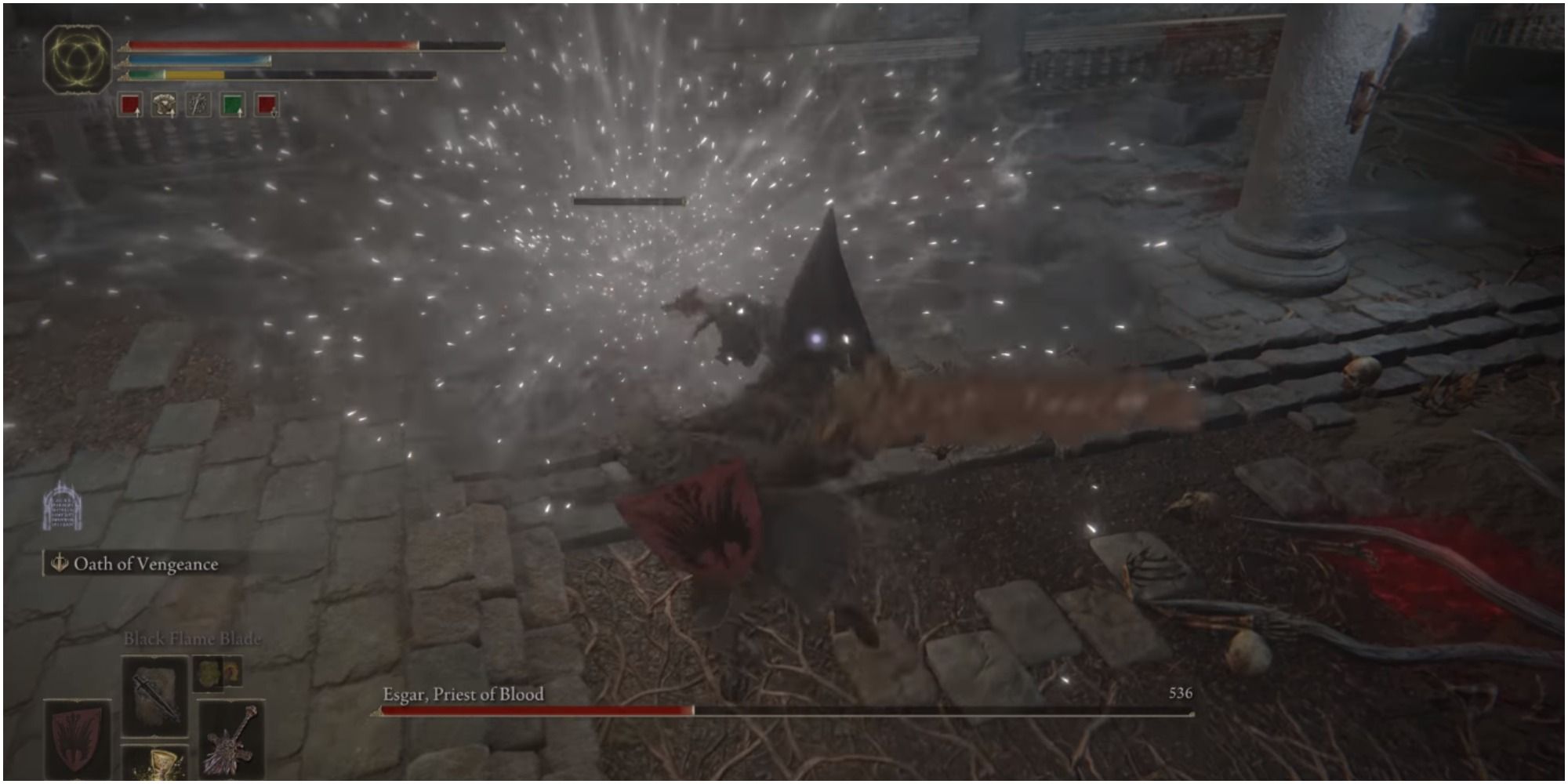 The player using melee weapon on the boss.