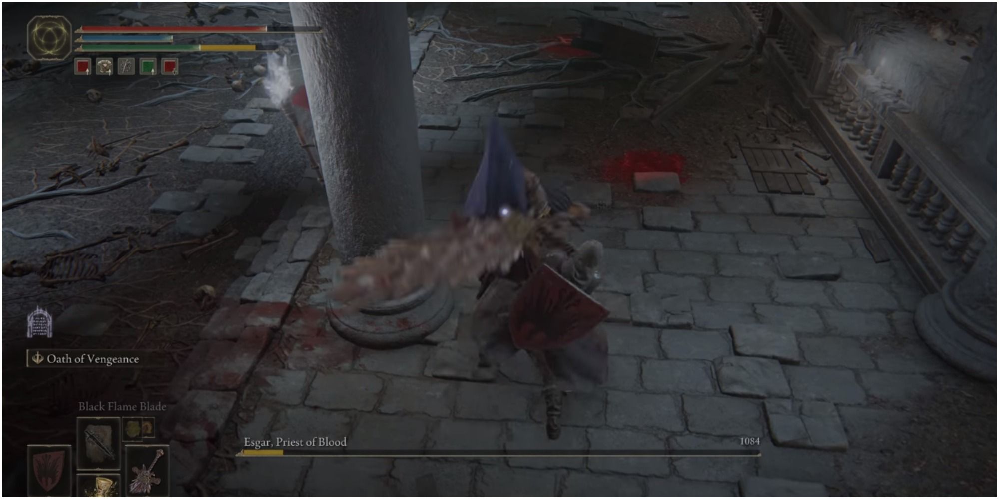 The player approaching the boss with their weapon.