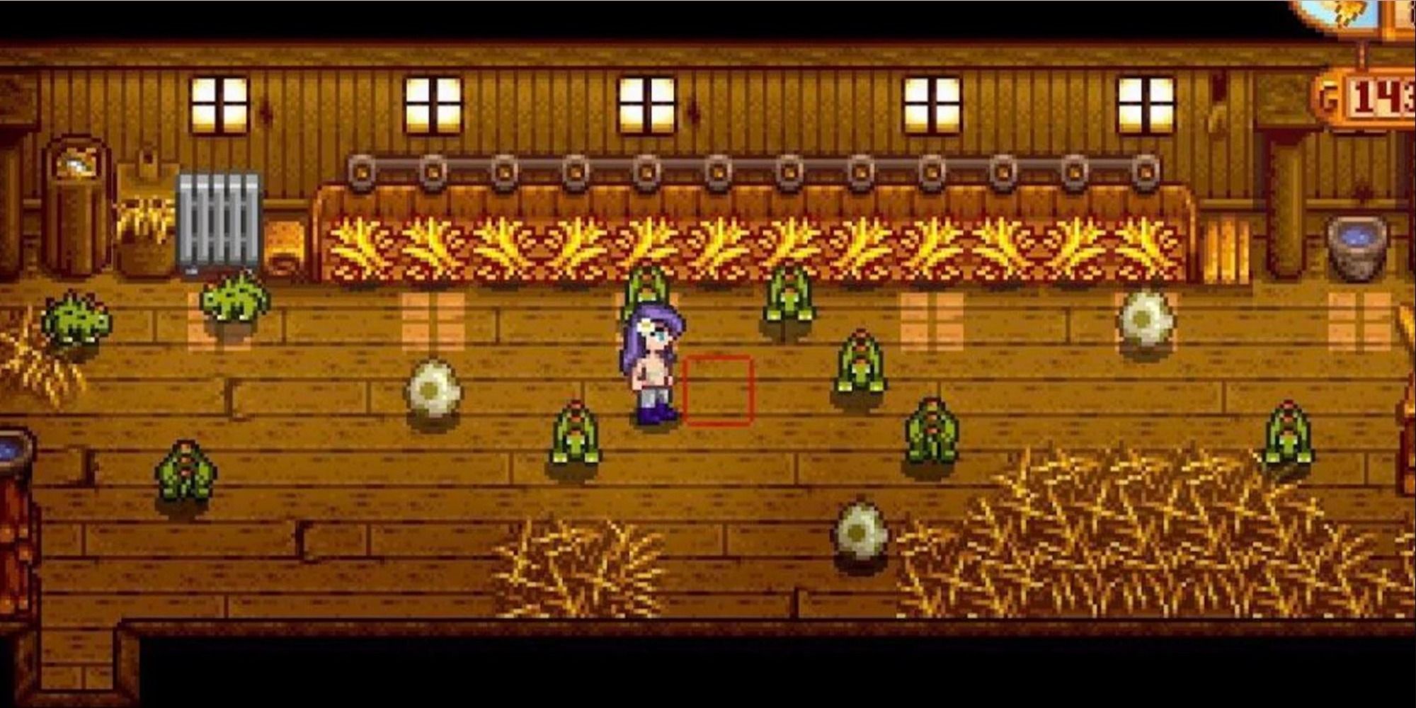 A player stands in a coop filled with dinosaurs and dinosaur eggs