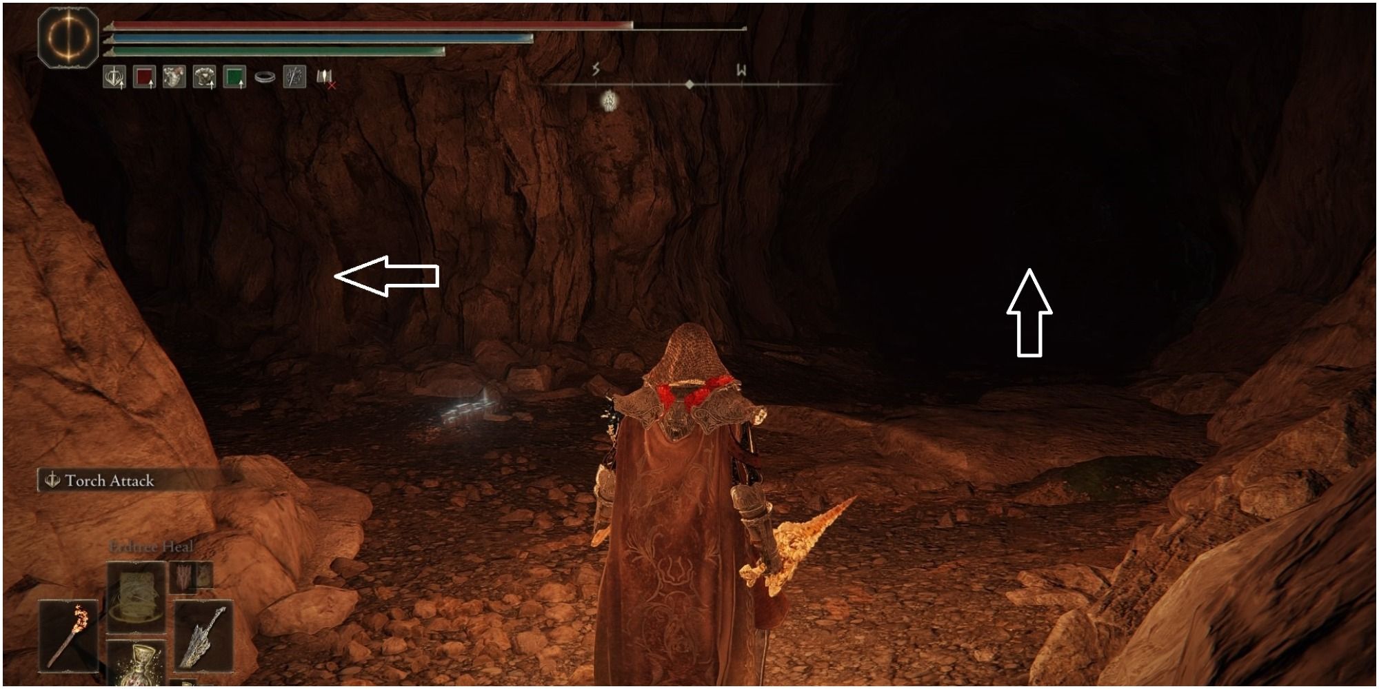 The player reaching two paths inside the cave.