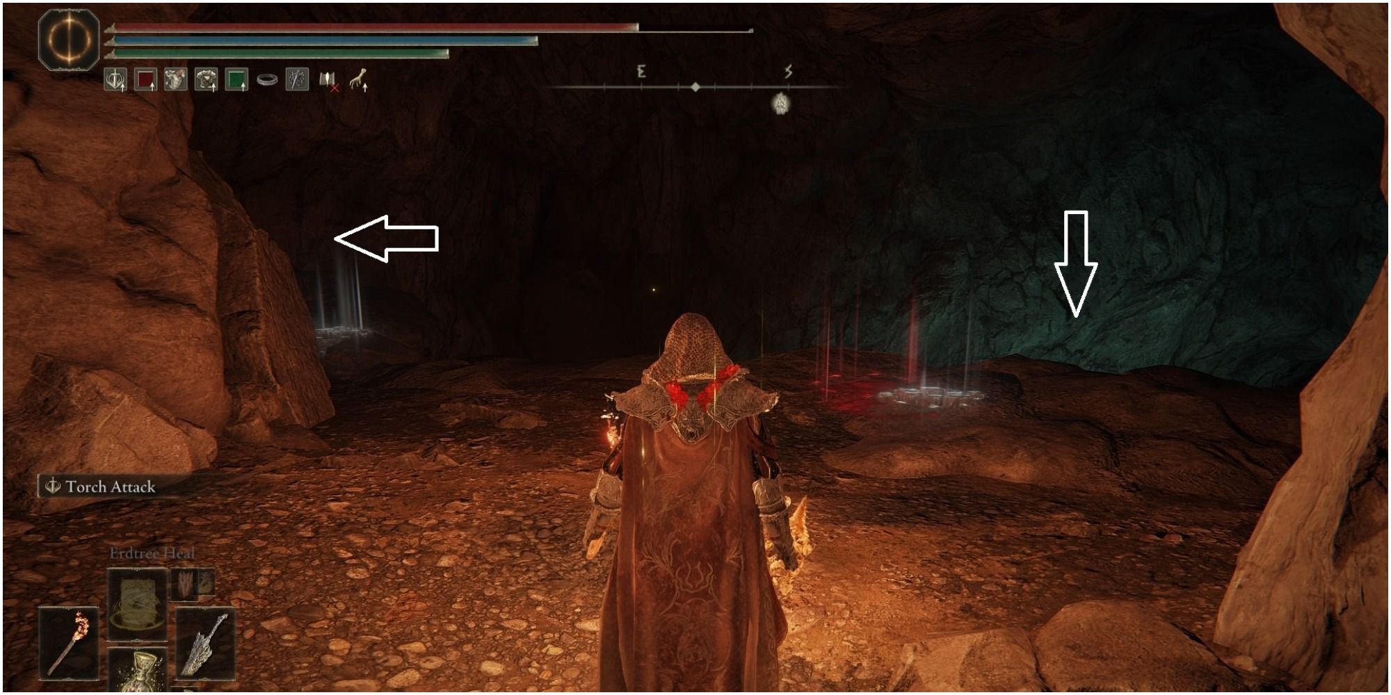 The player reaching a cavern with two paths.