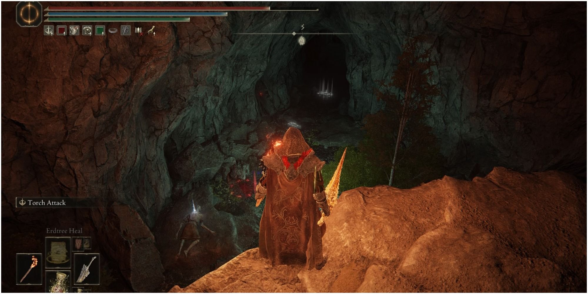The player looking down at the cavern. 