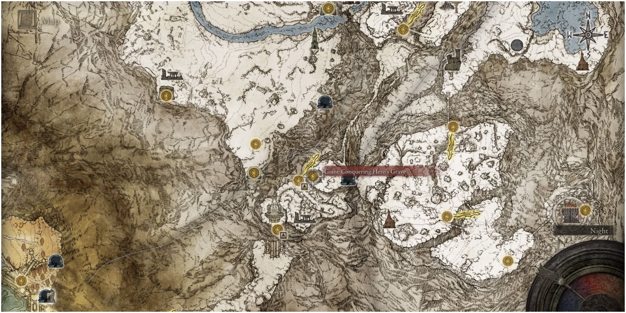 The map showing the location of Giant-Conquering Hero's Grave.