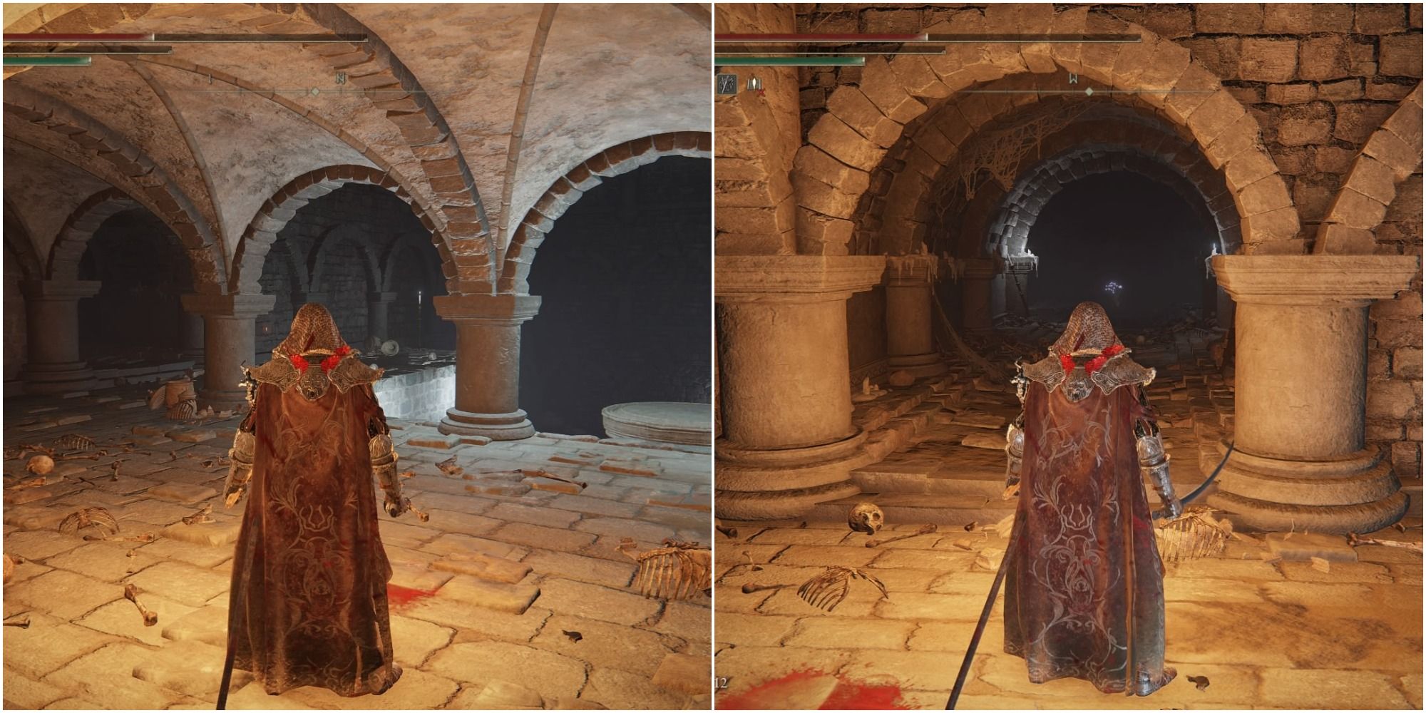 Split images showing the passageway that leads to two Cleanrot Knights.