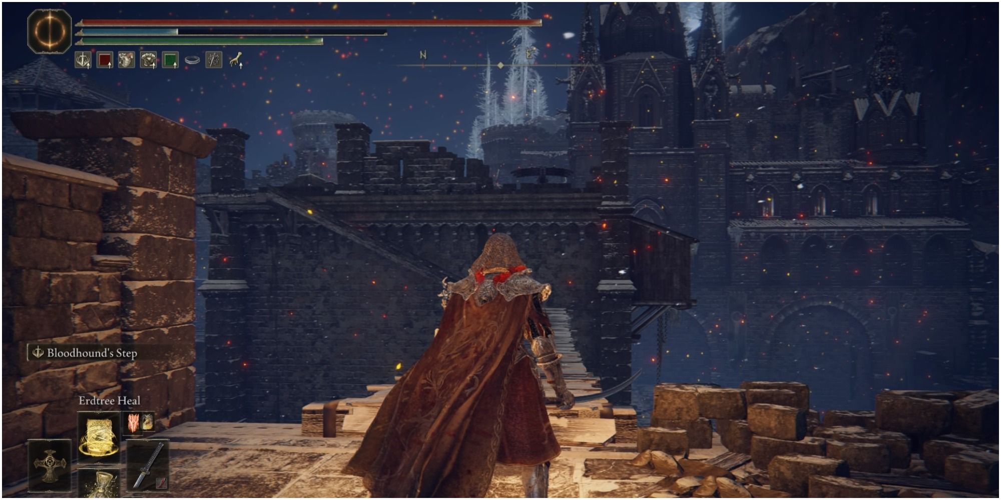 The player crossing the bridge to another part of the castle.
