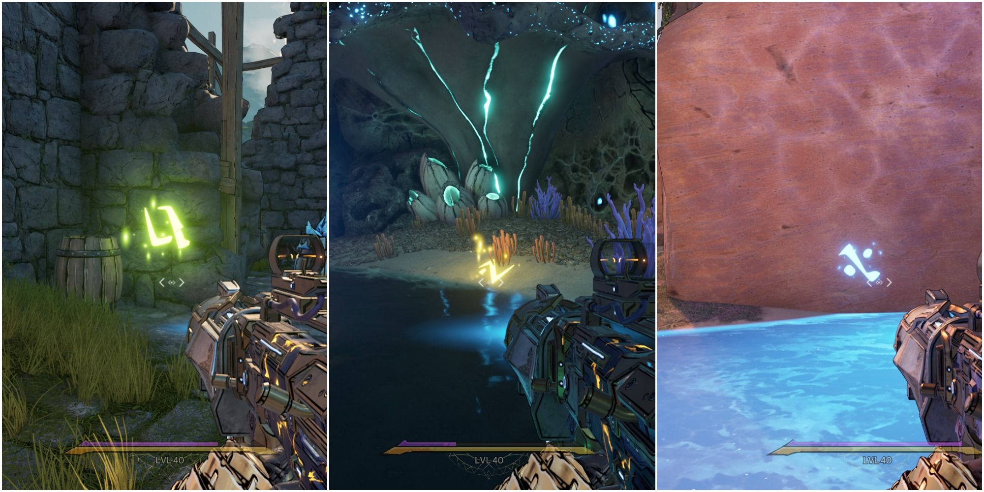 A split image of green sigil on crumbling stone wall, yellow sigil on ocean floor, and blue sigil on red rock cliff