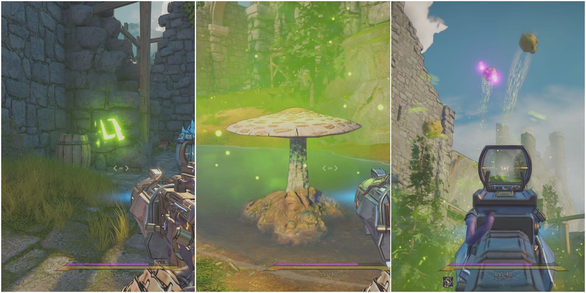 A split image of green sigil on crumbling stone wall, green glowing mushroom, and falling fungal spores with one glowing purple