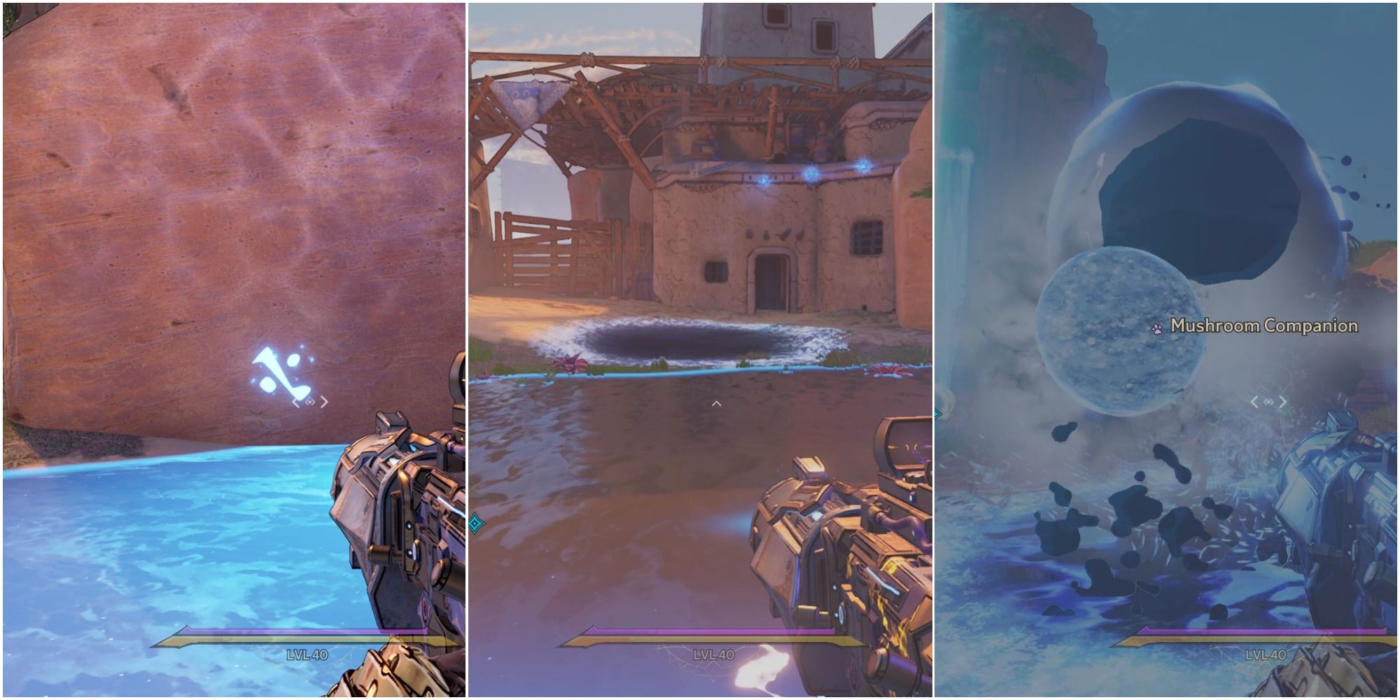 A split image of blue sigil on red rock cliff, puzzle of ice and three blue orbs, and giant blue orb enter big void orb