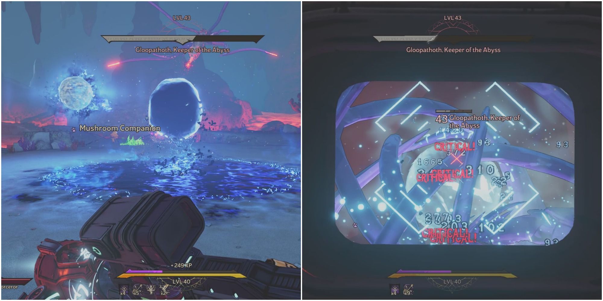 A split image of ice orb and liquid orb and player shooting Sigil in Gloopathoth's tendrils