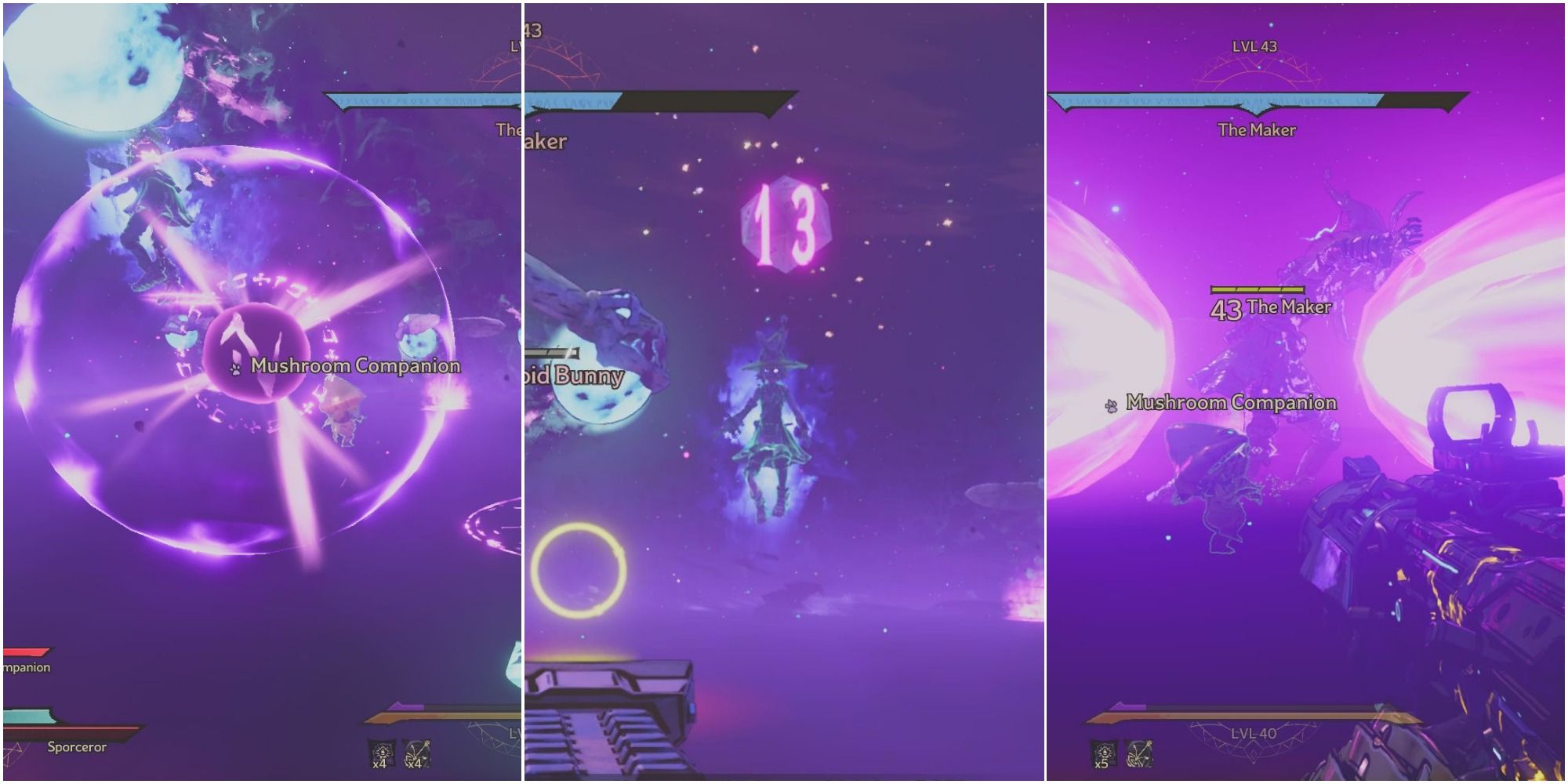 A split image of purple sigil orb, The Maker rolling 13 on a dice, and The Maker statue spewing void energy