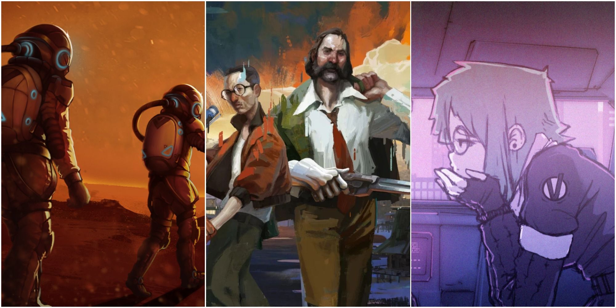 on the left is art from Tharsis, in the middle are the two protagonists from Disco Elysium and on the right is Darla from Synergia