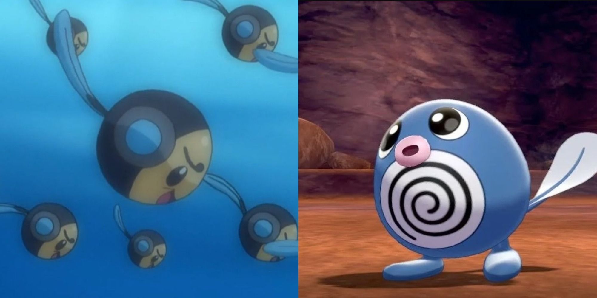 Pokemon Tympole Swimming through the water Poliwag standing in a cave