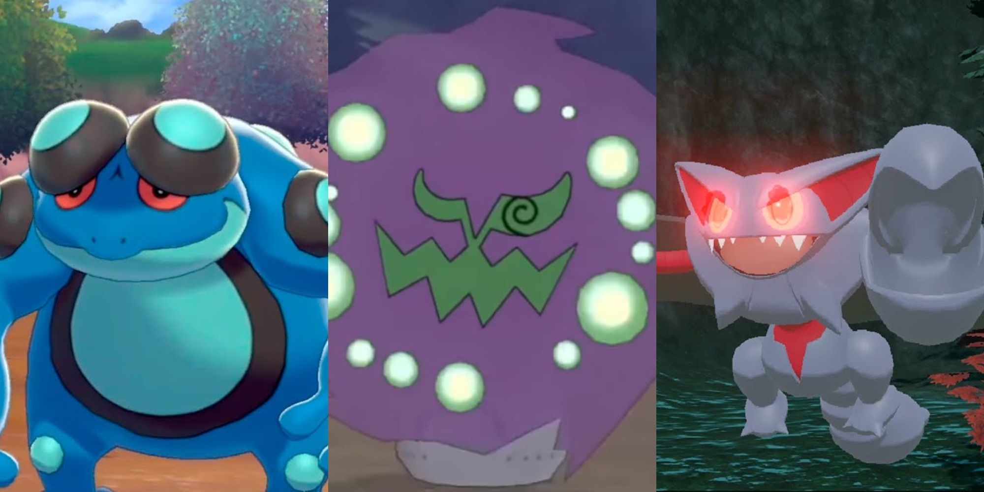From left to right, Seismitoad in a field, Spiritomb at night, Alpha Gliscor in a canyon
