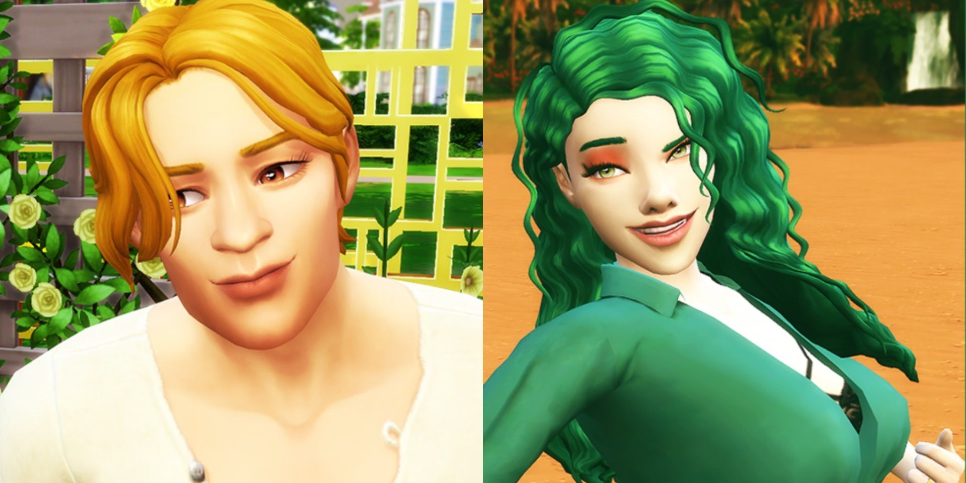 A split image of two Greek God-inspired Sims; Apollo on the left, Aphrodite on the right