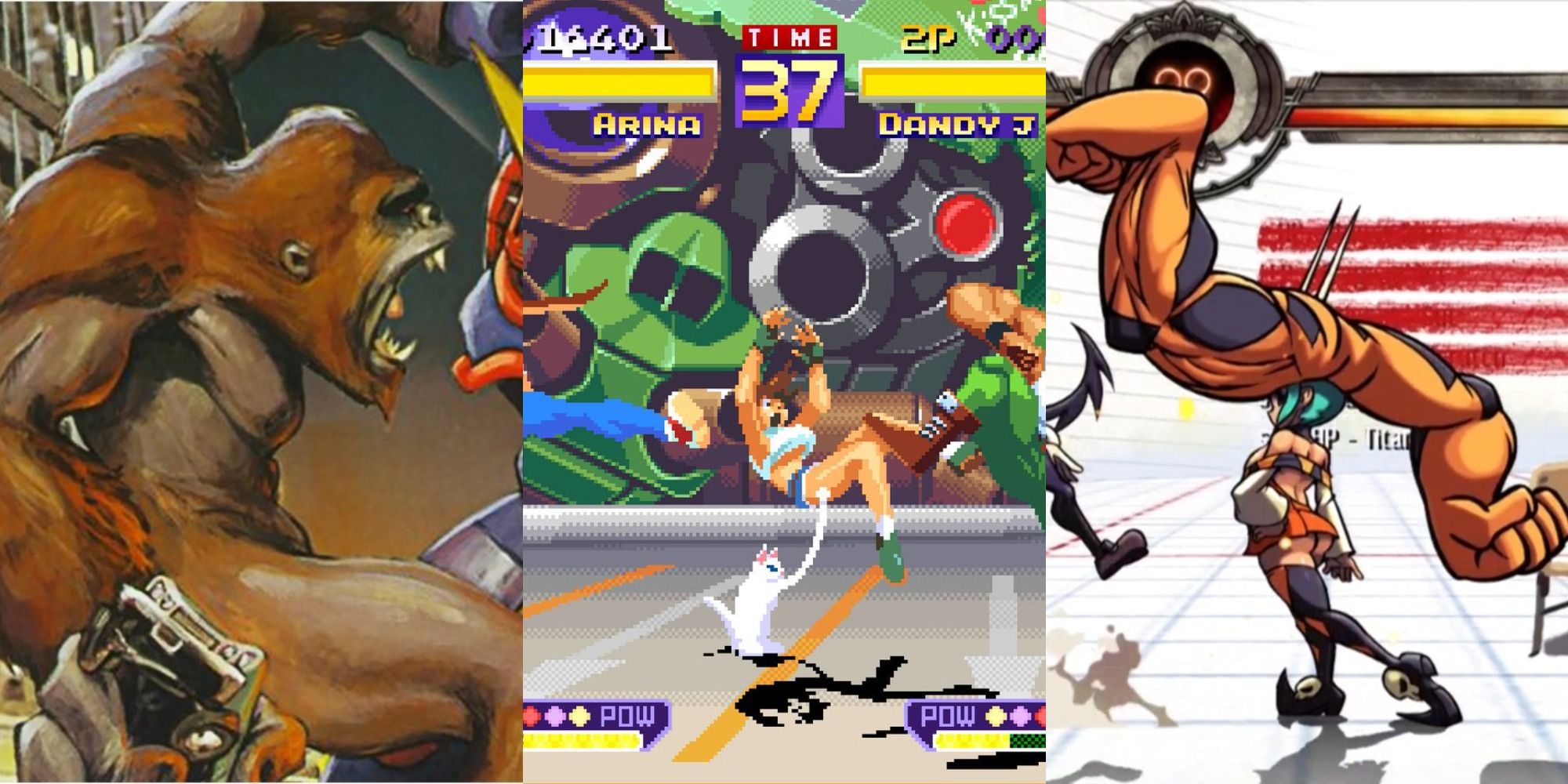 War of the Monsters giant gorilla holding a car battling a giant robot, Waku Waku 7 girl tripping in front of a giant robot, Skullgirls Cerebella flexing