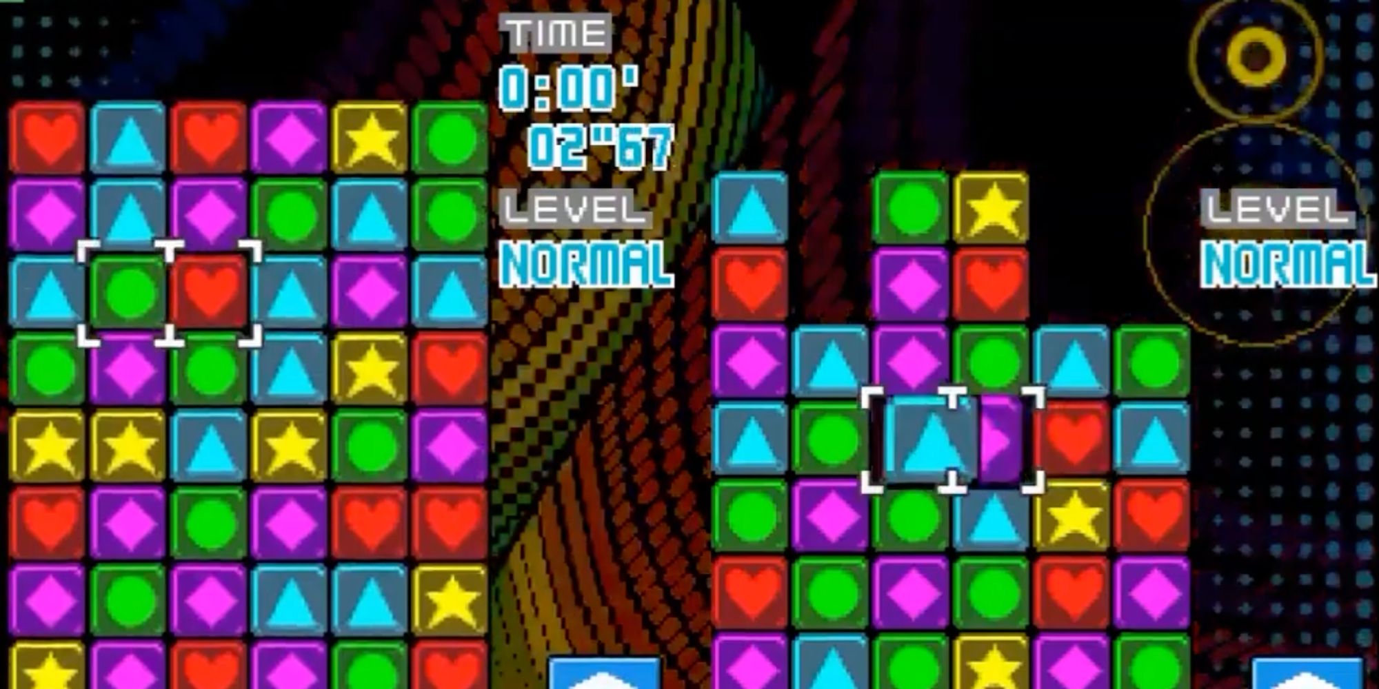 A screenshot from Planet Puzzle League, showing two players attempting to clear their board of colored tiles