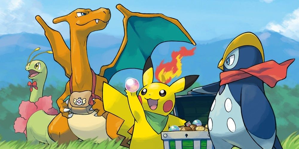 Pikachu picks up valuables from a chest while other Pokémon watch.