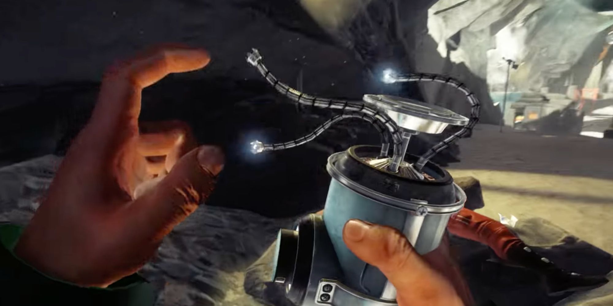 A screenshot from Prey: Mooncrash, showing a character applying a strange mechanical upgrade
