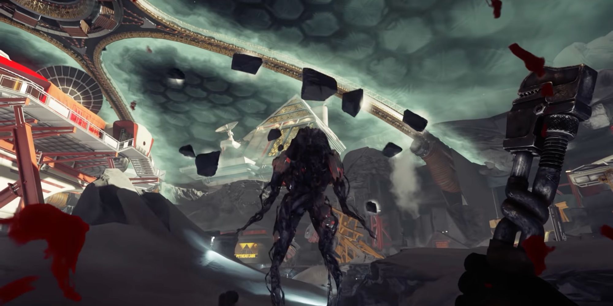 A screenshot from Prey: Mooncrash, showing the Moon Shark rising from the ground and attacking the player