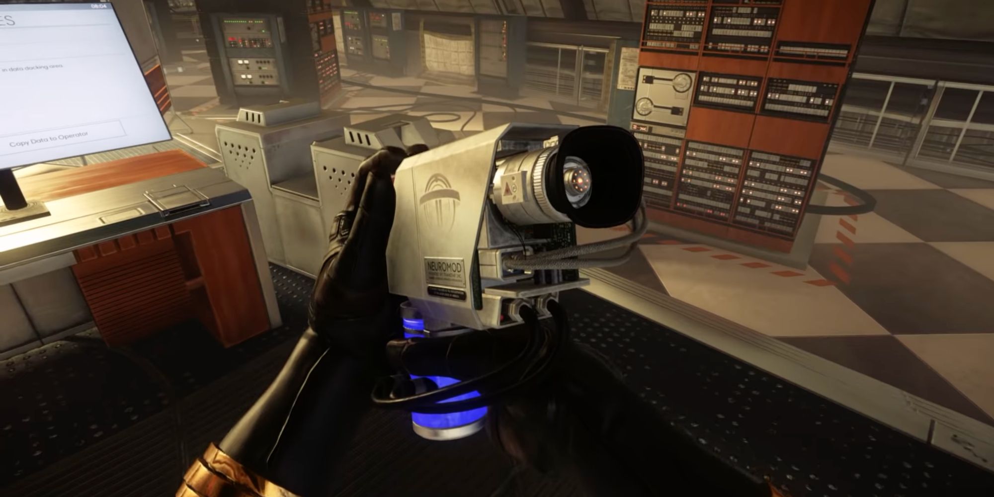 A screenshot from Prey: Mooncrash, showing one of the characters applying a Neuromod upgrade