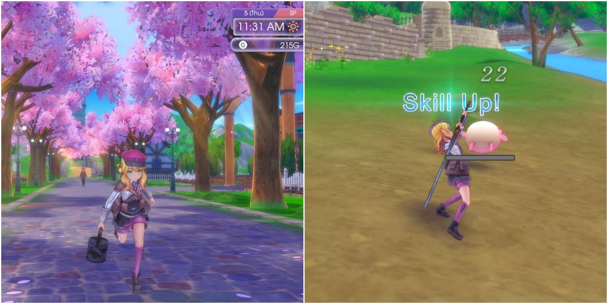 Split image showing character running on the left and the same character leveling up a skill on the right.