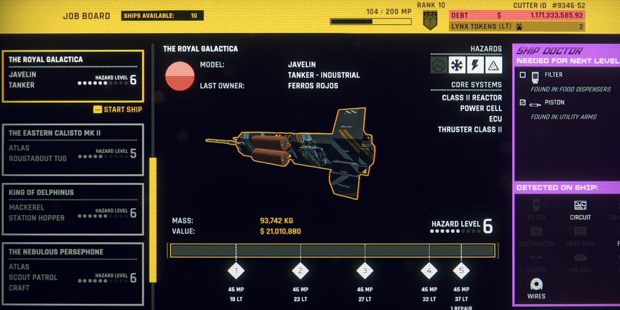 ship and shift selection menu