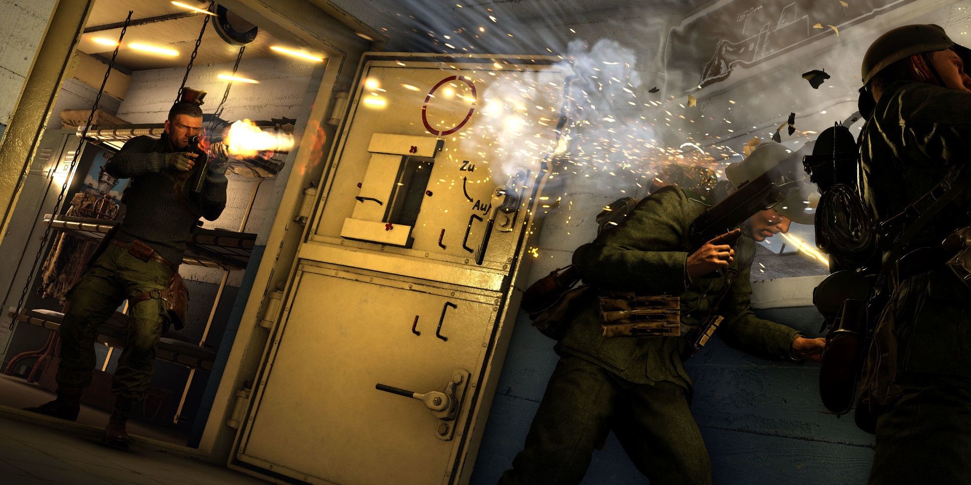 A screenshot showing Karl shooting at some enemy soldiers in Sniper Elite 5