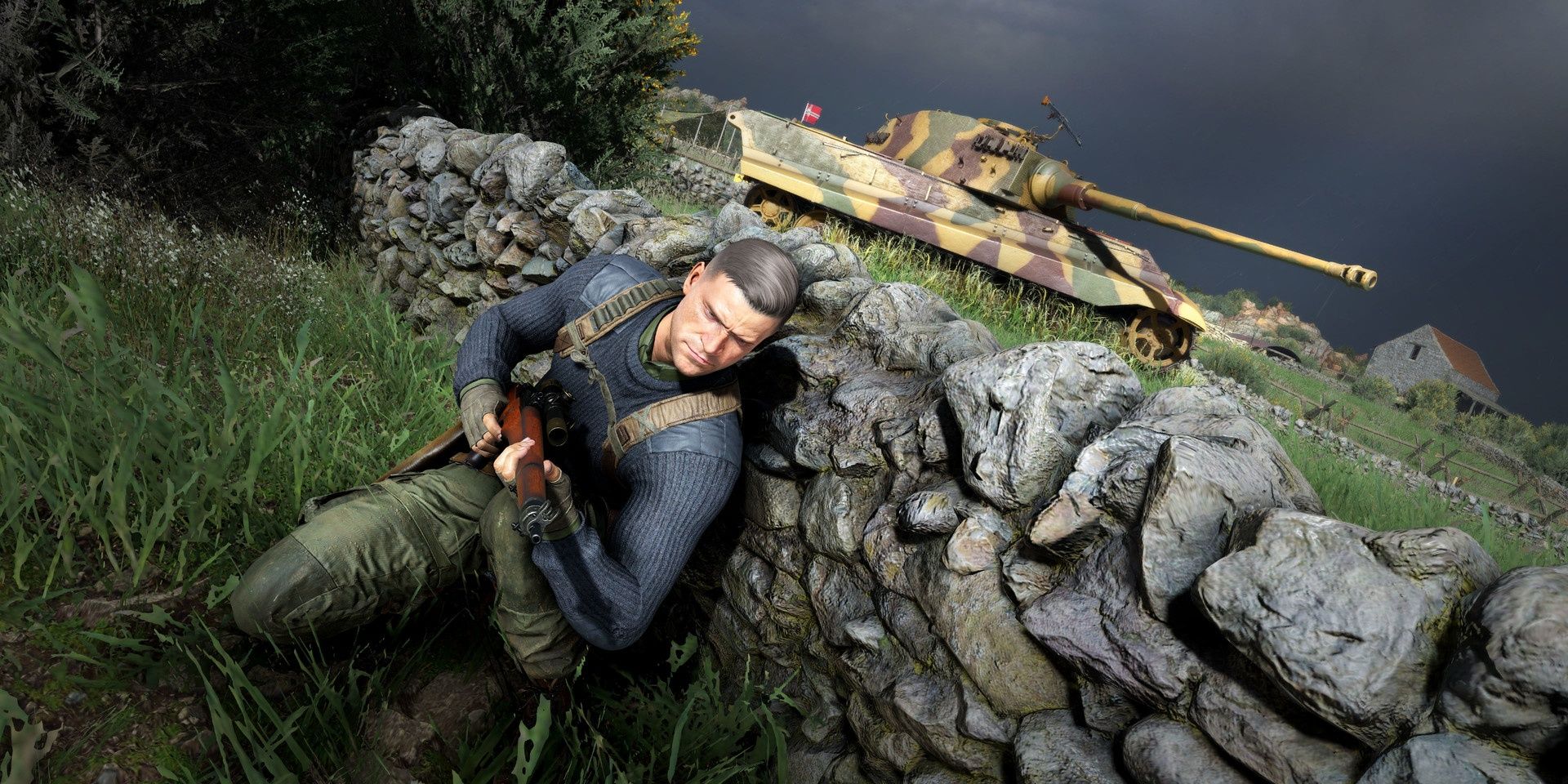 A screenshot showing Karl hiding from an enemy tank in Sniper Elite 5