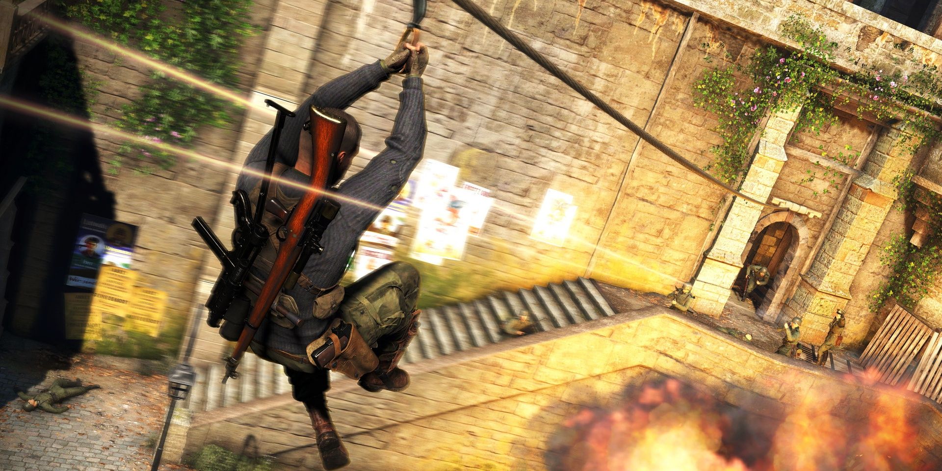 A screenshot showing Karl ziplining towards some enemy soldiers in Sniper Elite 5