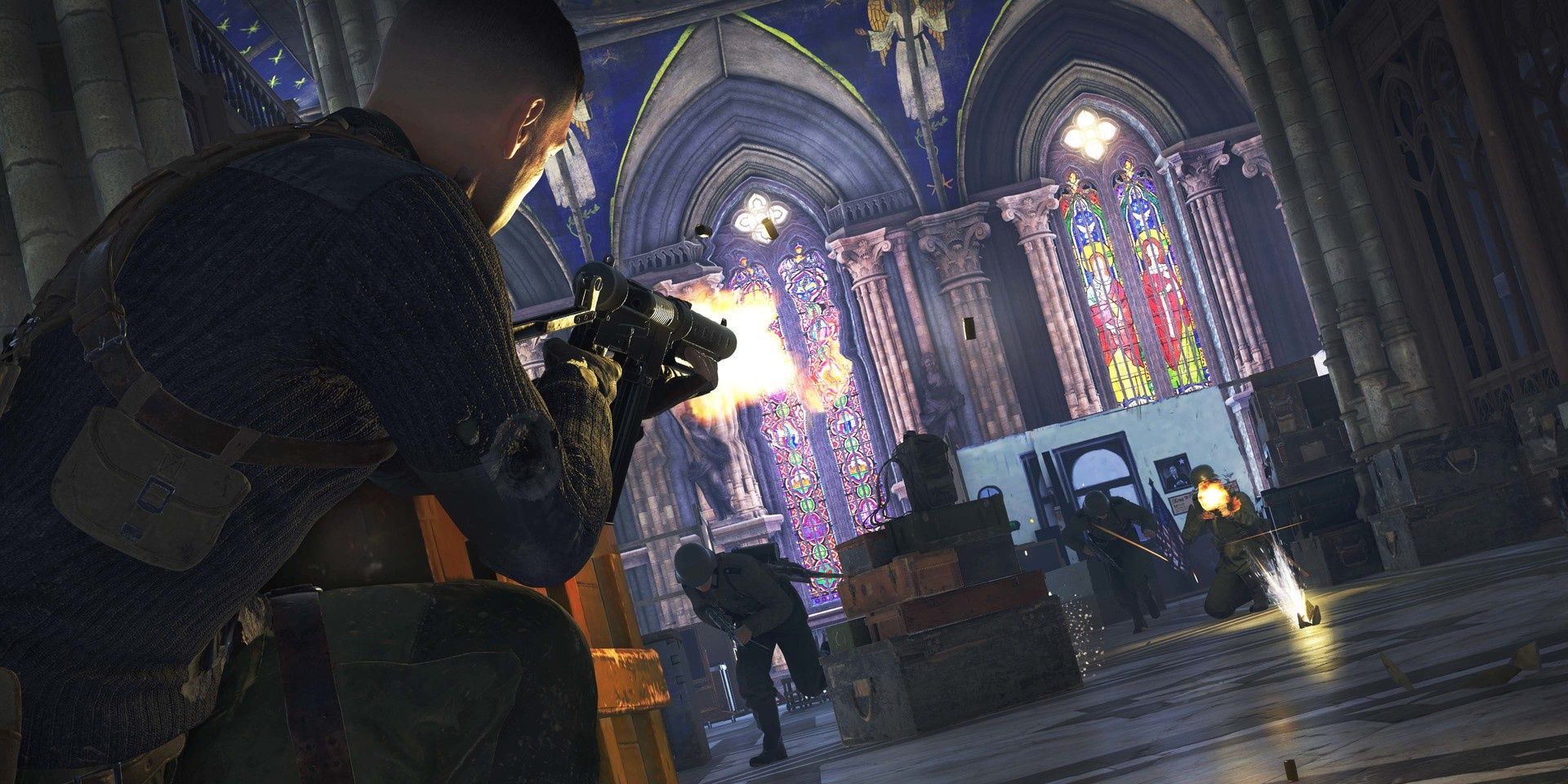 A screenshot showing Karl fighting off some enemy soldiers inside a cathedral in Sniper Elite 5