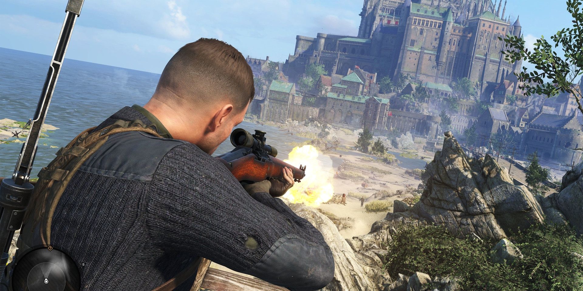 A screenshot showing Karl shooting at an enemy soldier in the distance in Sniper Elite 5