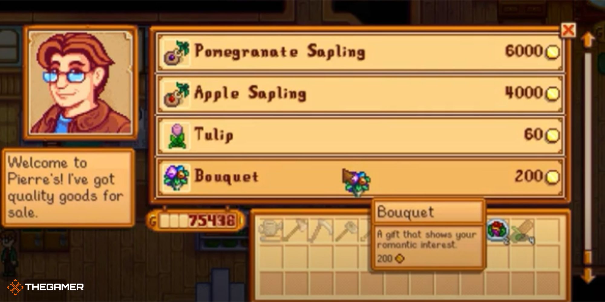 stardew valley - buying a bouquet from pierre