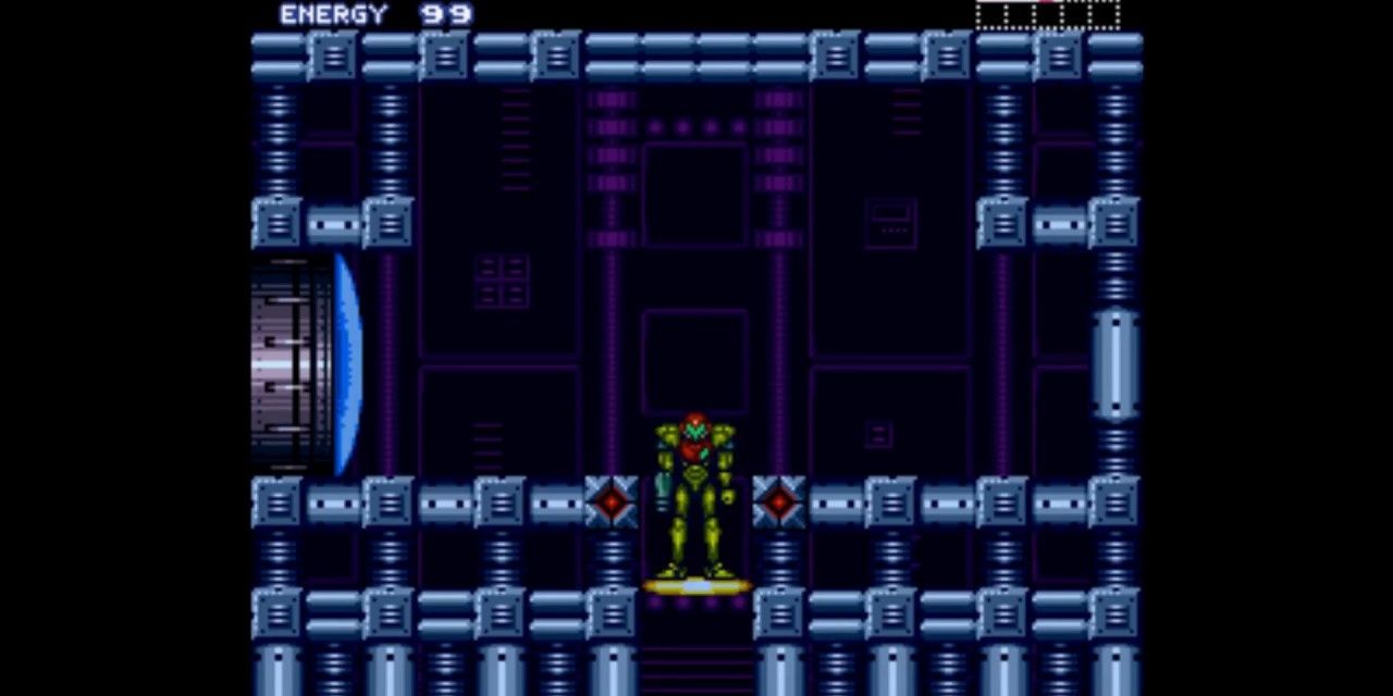 A screenshot showing Samus riding an elevator in Super Metroid
