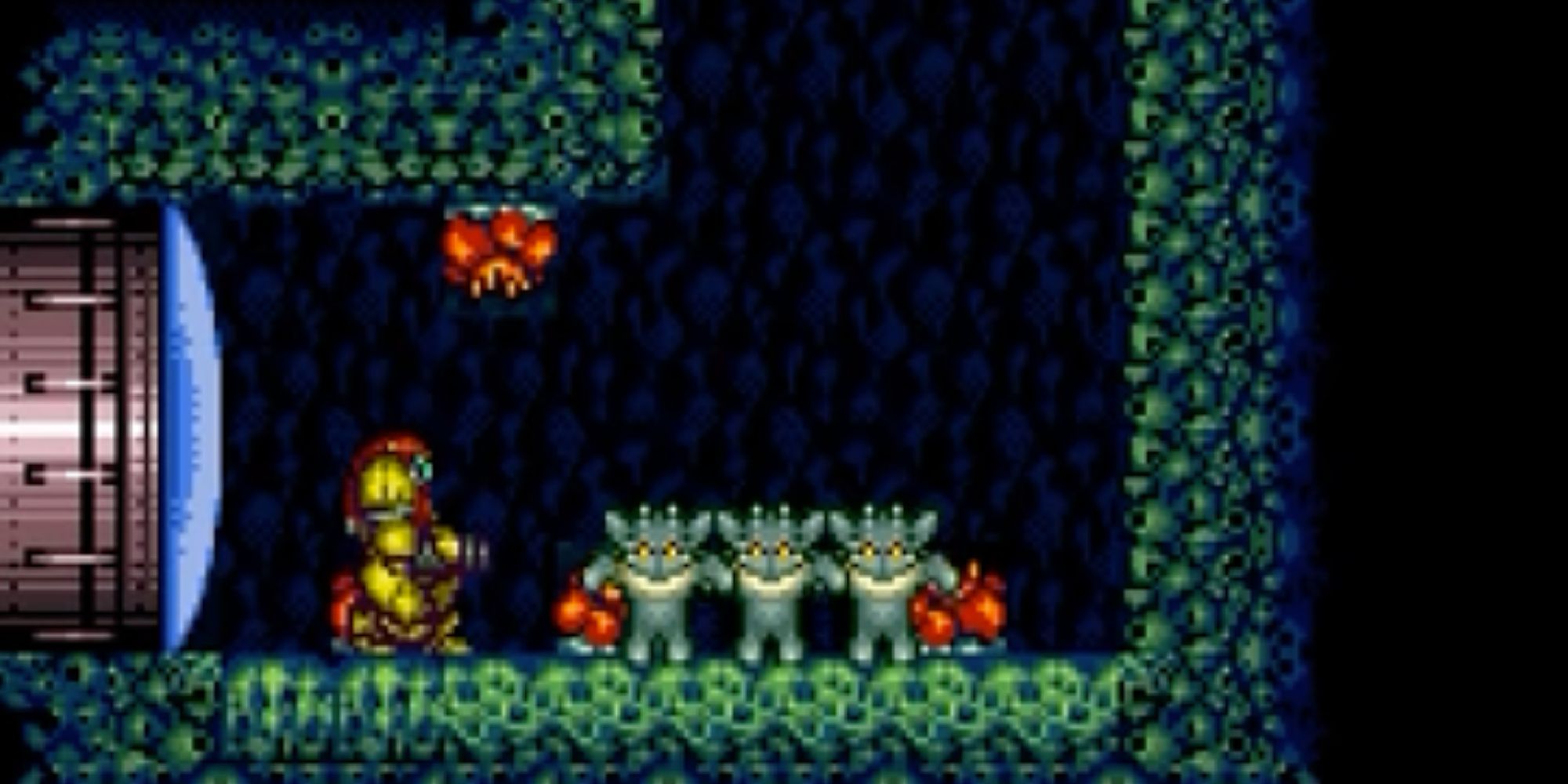 Samus enters a Super Metroid wall-jump room where three little creatures teach her how to wall-jump