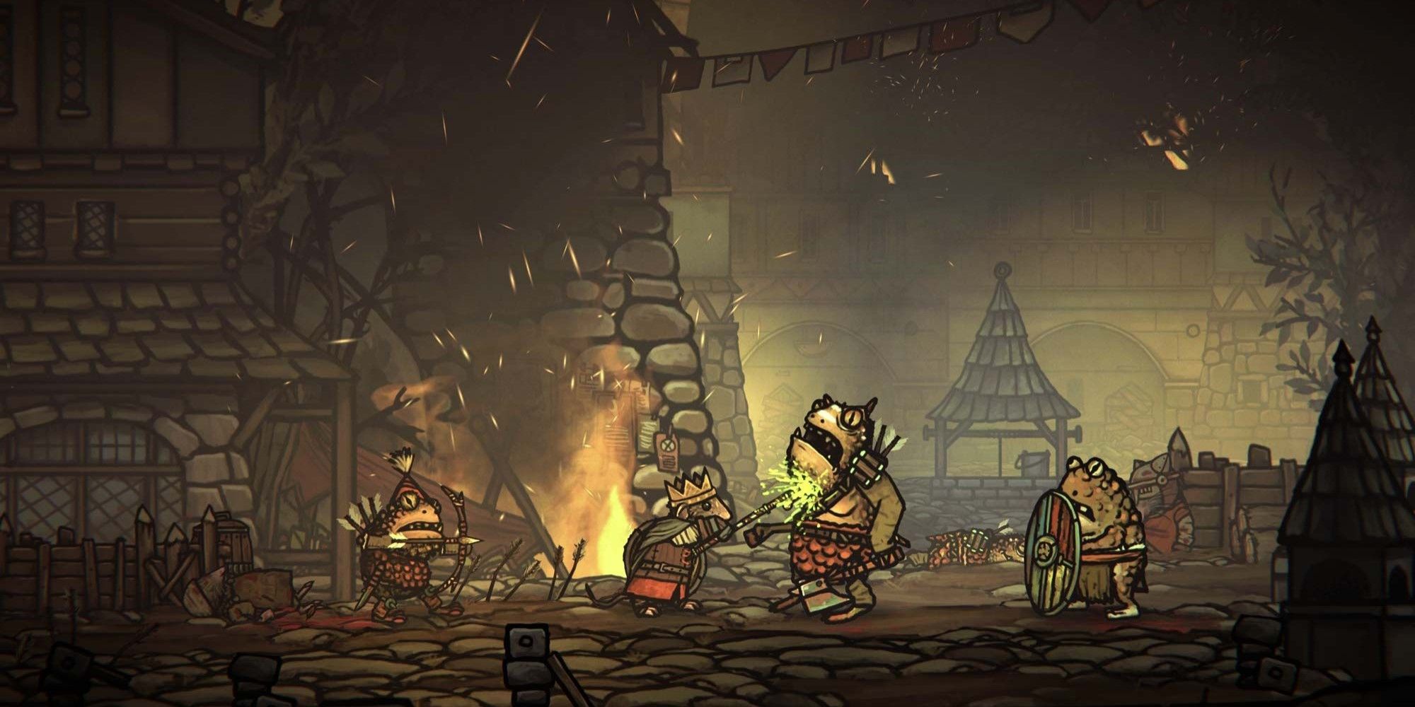The main player character Redgi stabbing a Frog enemy up the chin with a spear weapon near a fire in Tails of Iron.