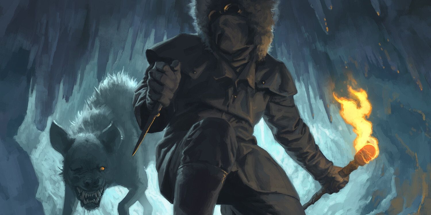 rogue or ranger in frozen cave with hyena