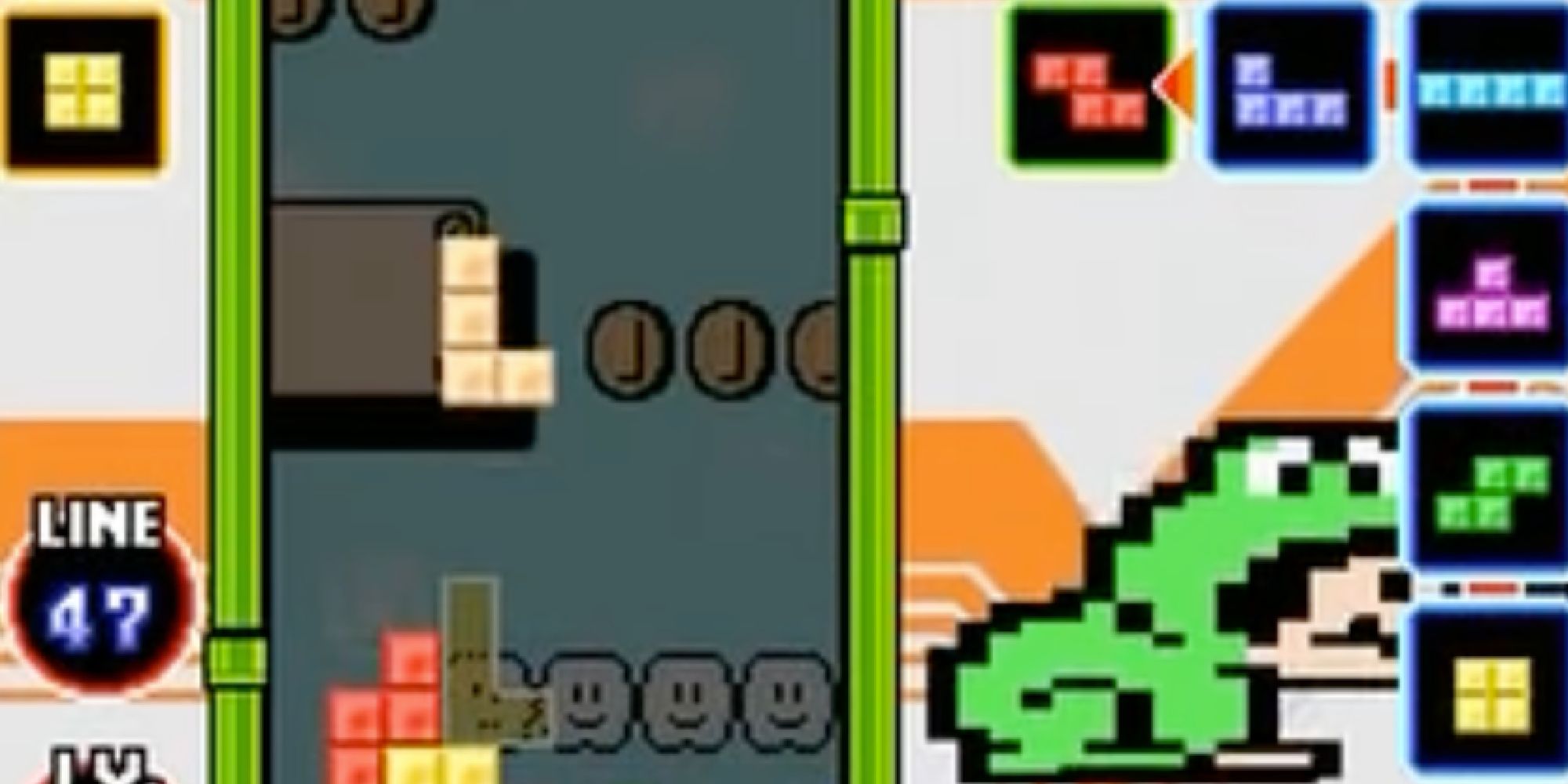 A screenshot from Tetris DS, showing a falling block on a Mario-themed background