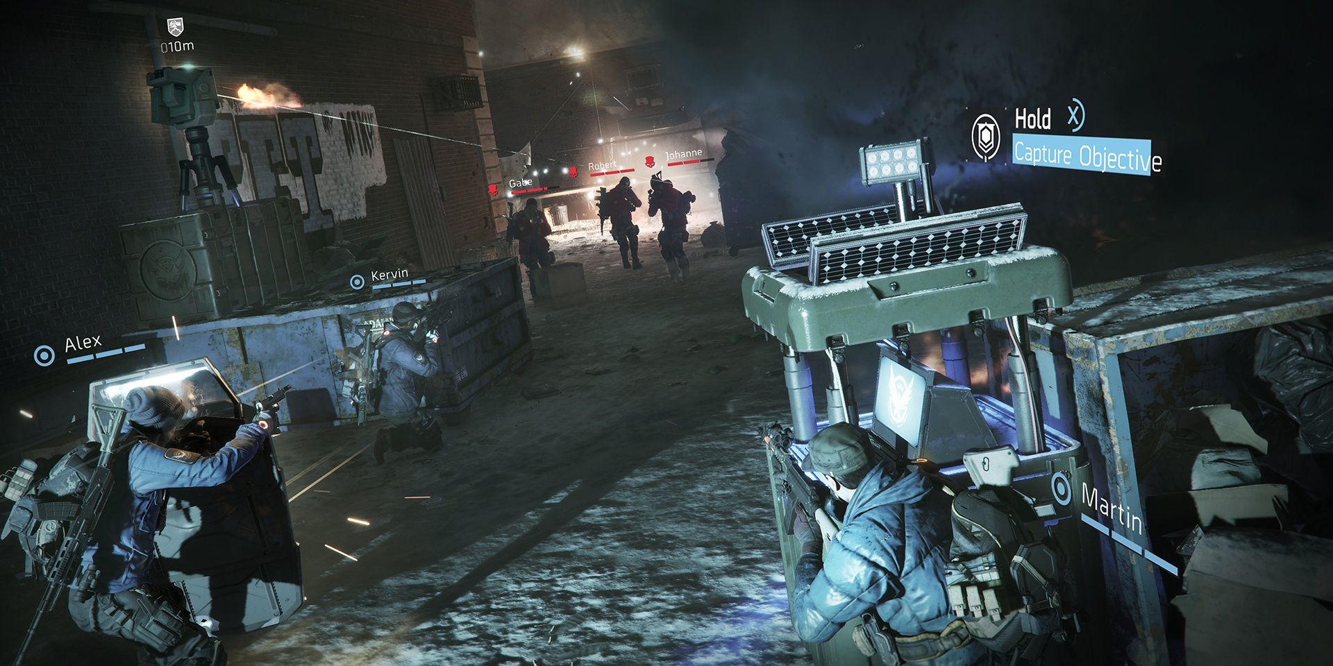A screenshot showing a firefight between two teams of players in The Division
