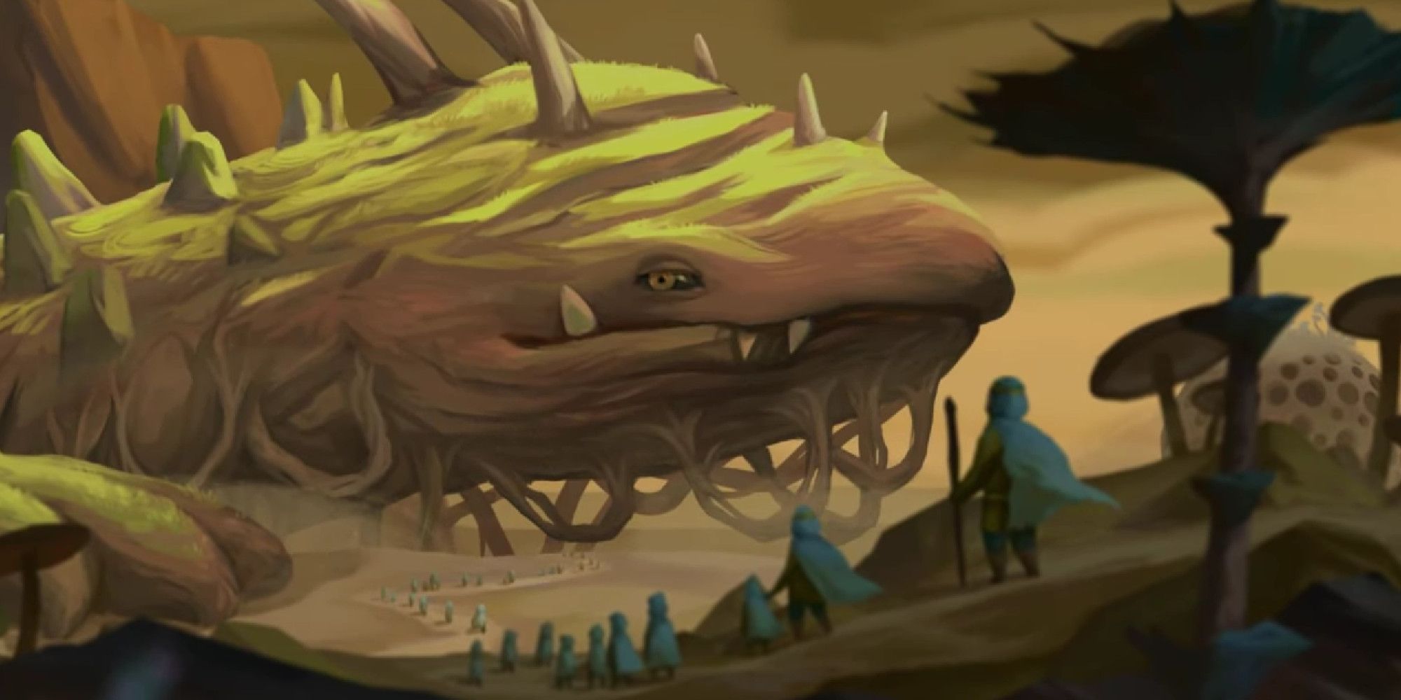 the wandering village screenshot of the creature looking at the exiles