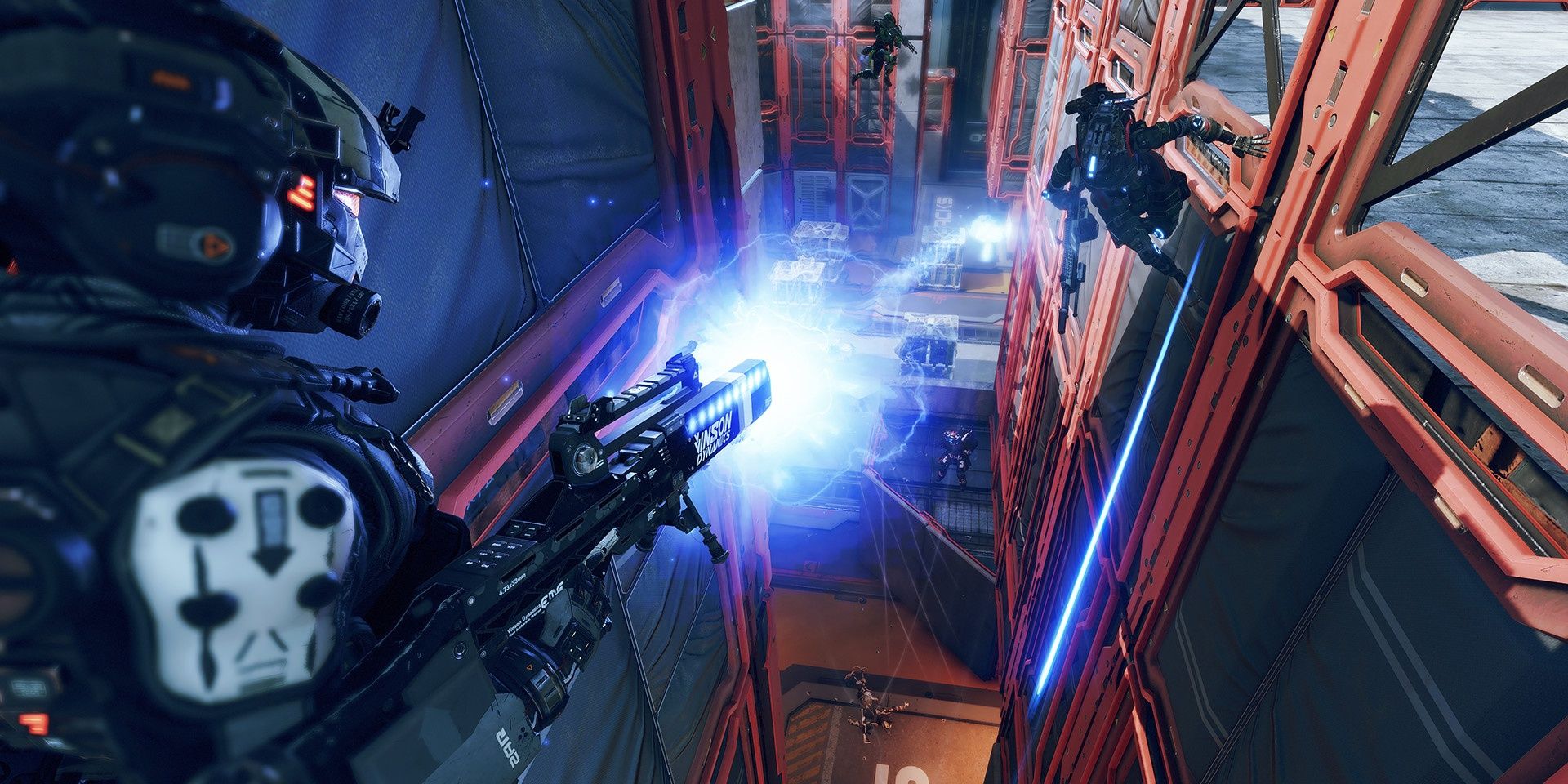 A screenshot showing wall running gameplay in Titanfall 2.