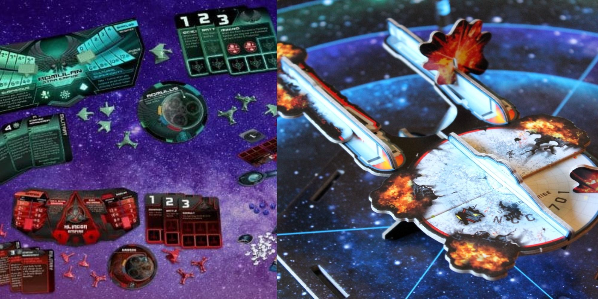Splt image showing game pieces from the Star Trek Ascendancy and Star Trek Panic! tabletop games.