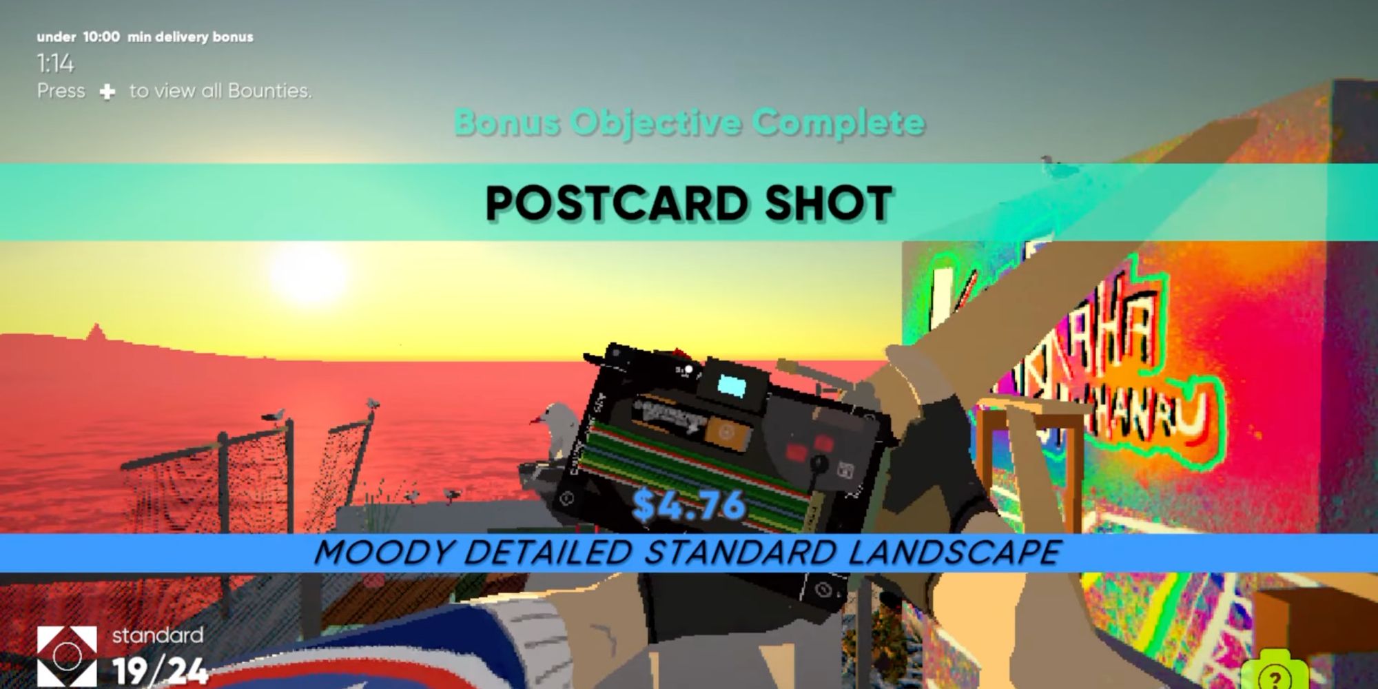 A player completes a bonus objective in Umurangi Generation by recreating a postcard photo of a red sunset