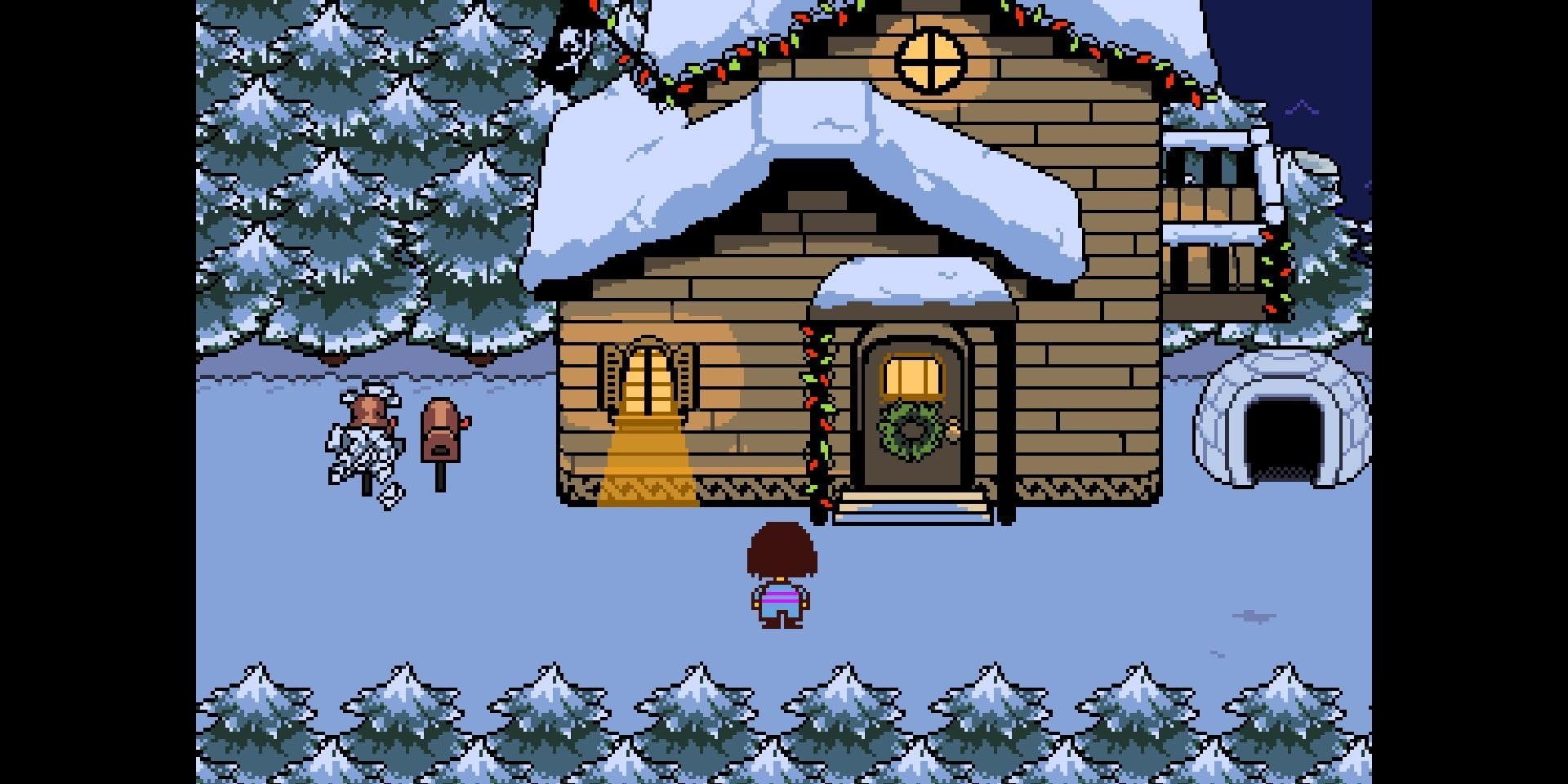 A screenshot the child standing in front of a snow-covered house in Undertale