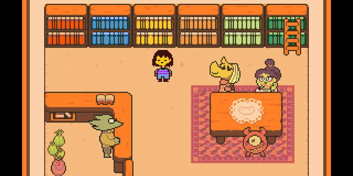 Undertale protagonist in a library
