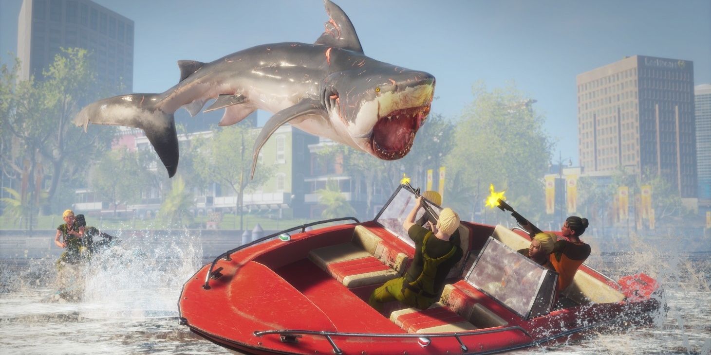 A shark attacks a boat in Maneater