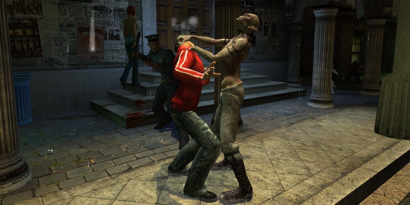 A screenshot showing a vampire attacking a human in Vampire: The Masquerade - Bloodlines
