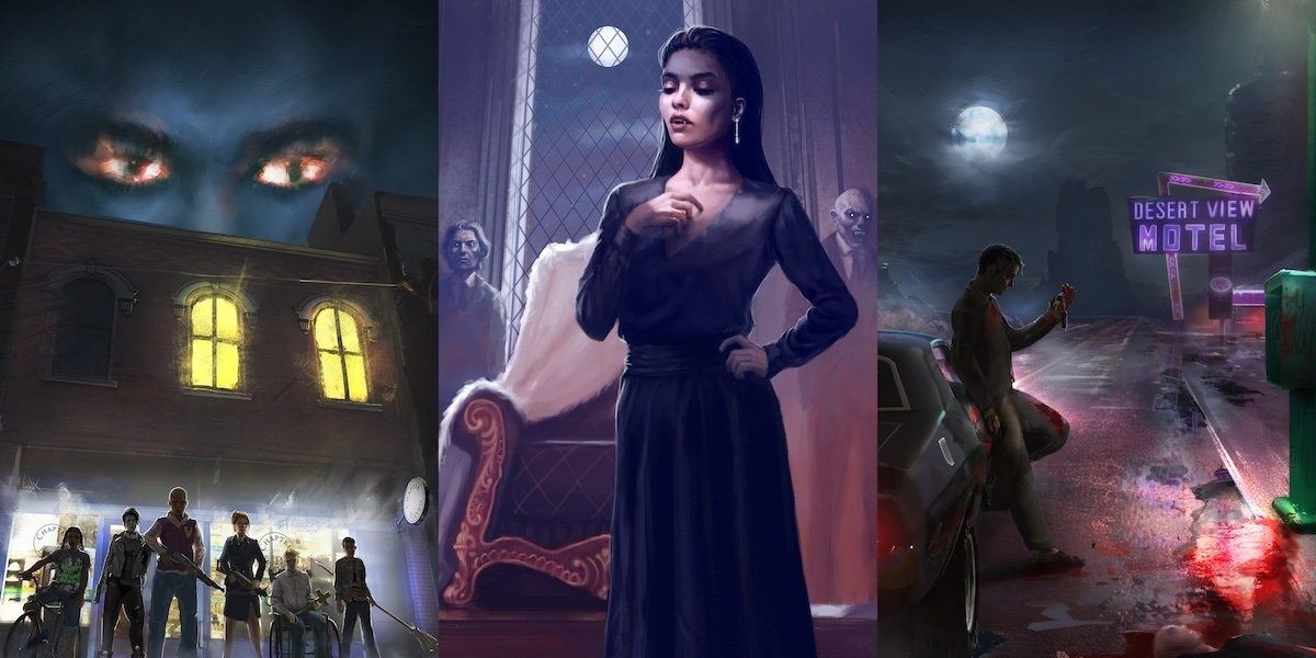 A collage showing scenes from the novels in Vampire: The Masquerade by Choice of Games