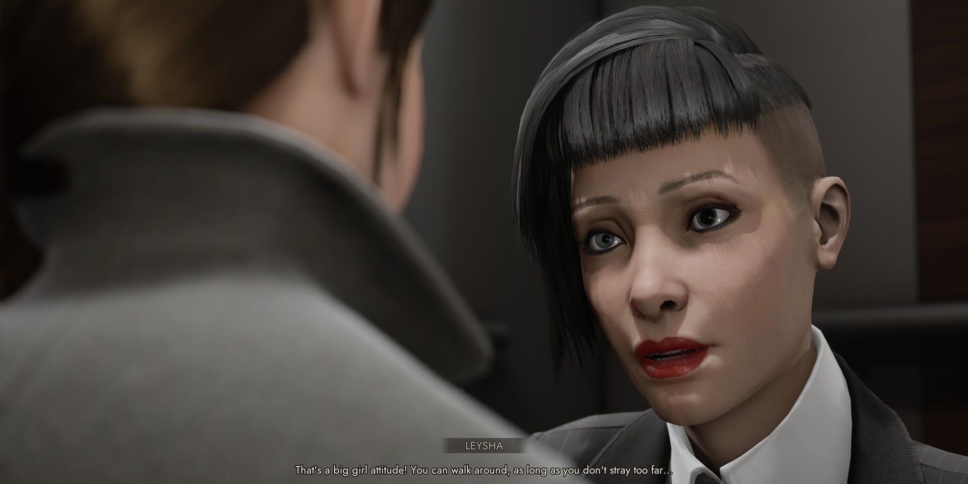 A screenshot showing Leysha having a conversation in Vampire: The Masquerade - Swansong